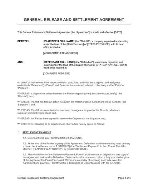 General Release And Settlement Agreement Template By Business In A Box