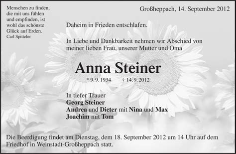 Traueranzeigen Von Anna Steiner ZVW Trauer