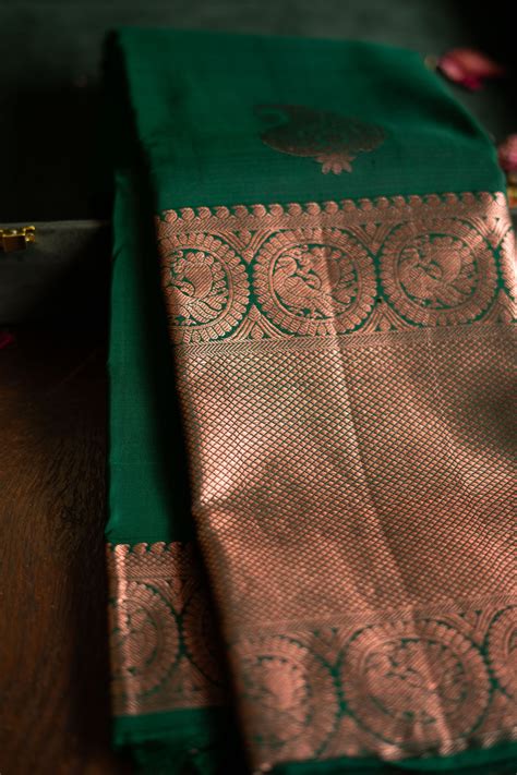 Dark Green Kanchipuram Silk Saree With Long Border