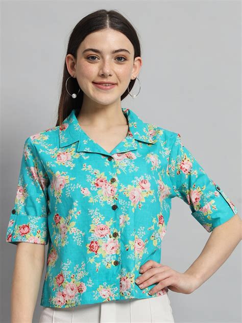 Buy Handicraft Palace Shirt Collar Floral Print Roll Up Sleeves Cotton Shirt Style Top Tops