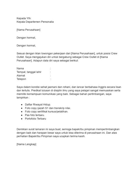 Contoh Surat Lamaran Kerja Crew Outlet Terlengkap Dengan Template