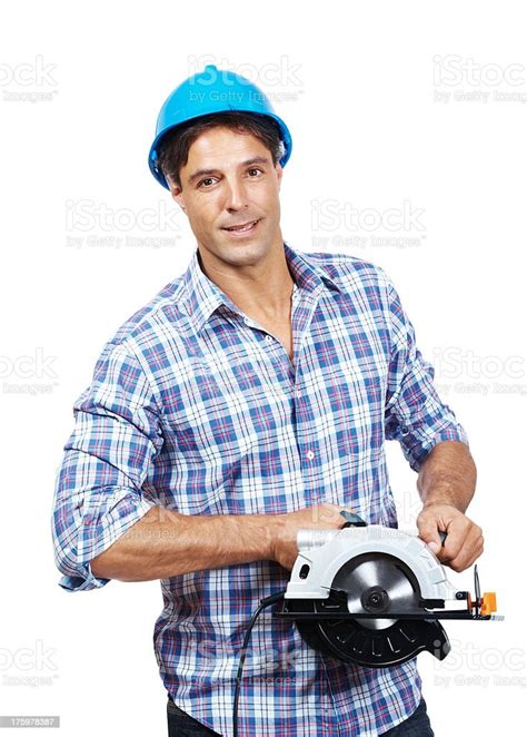 Male Worker With A Circular Saw Against White Stock Photo Download