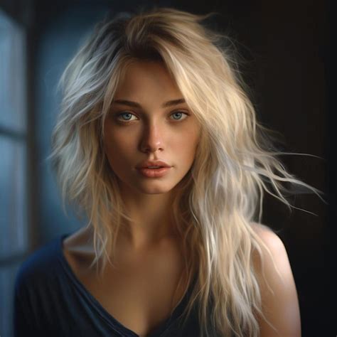 Premium Ai Image A Woman With Blonde Hair And A Blue Shirt