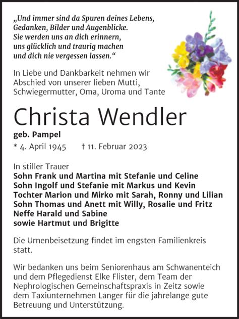 Traueranzeigen Von Christa Wendler Abschied Nehmen De