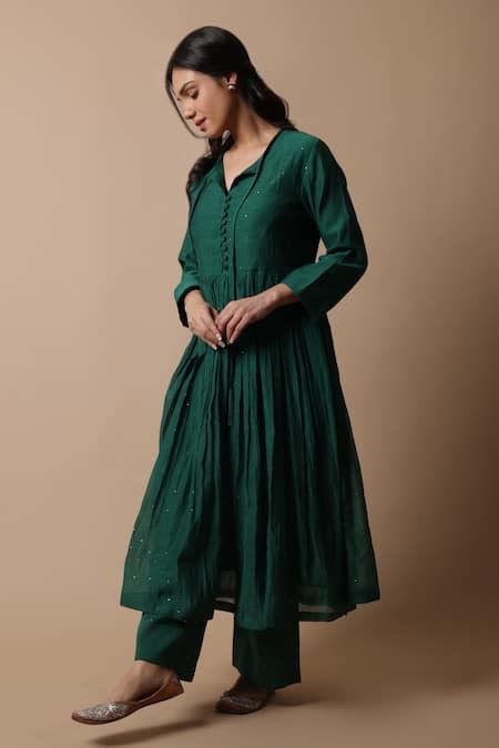 Buy Green Anarkali Chanderi Embroidery Mukaish Keyhole Nitya And Pant