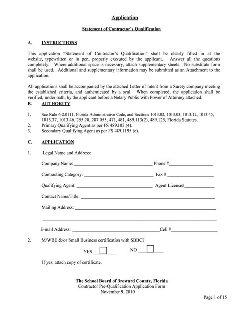 Fillable Online Broward K12 Fl Contractor Pre Qualification Application Form The School Board Of