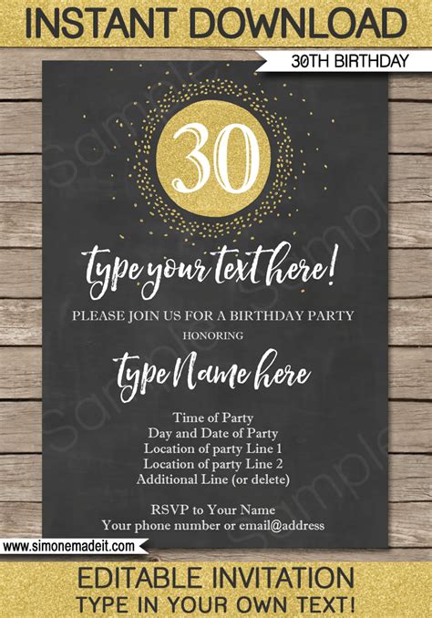 Chalkboard 30th Birthday Invitations Template | Gold Glitter