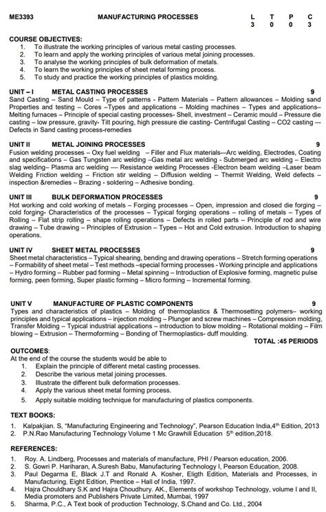 Manufacturing Processes ME3393 3rd Semester Mechanical Dept 2021