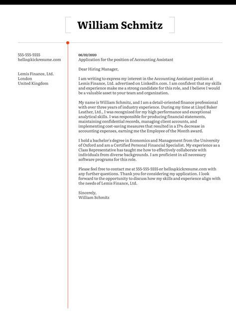 Accounting Assistant Cover Letter Template Kickresume