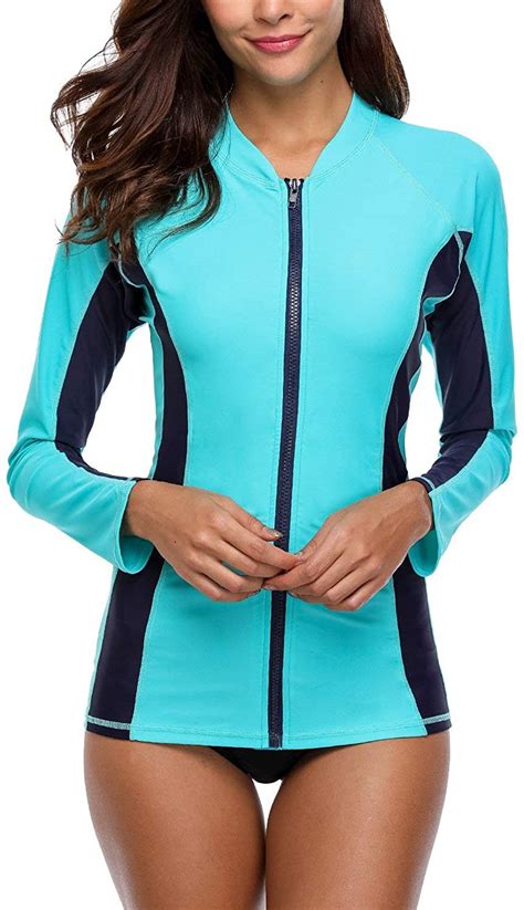 Sociala Women S Zip Front Rash Guard Long Sleeve Swim Shirt UPF Aqua