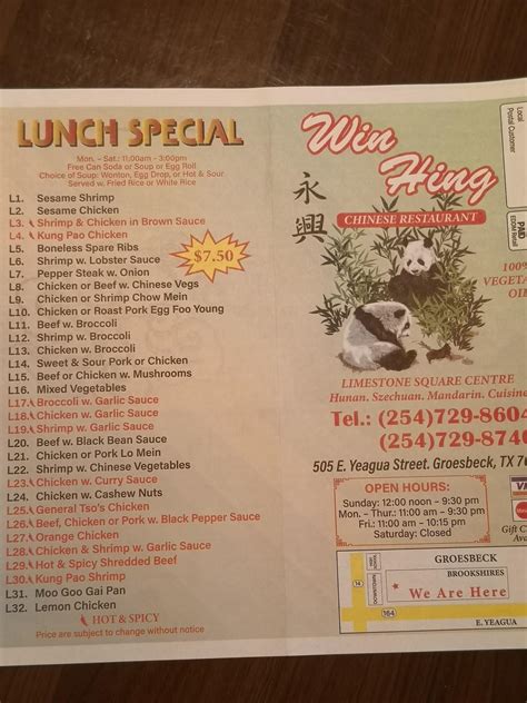 Menu At Win Hing Chinese Restaurant Groesbeck