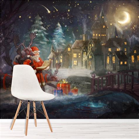 Santa Reindeer Village Christmas Wallpaper Wall Mural