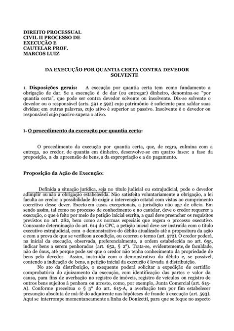 Aula Execução Quantia Certa Devedor Solvente Direito Processual