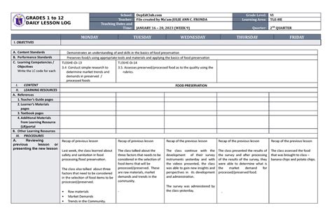 Dll Tle He 6 Q2 W9 Daily Lesson Log For Epp Grades 1 To 12 Daily