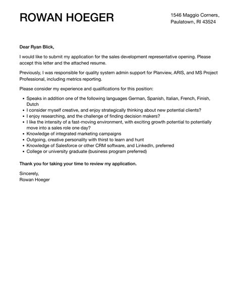 Sales Development Representative Cover Letter Velvet Jobs