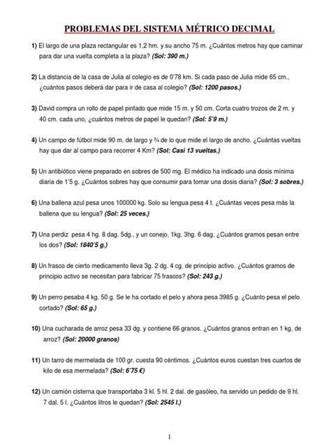 06 RelaciÓn De Problemas Del Sistema MÉtrico Decimal Soluciones Dom Unidades De Medida