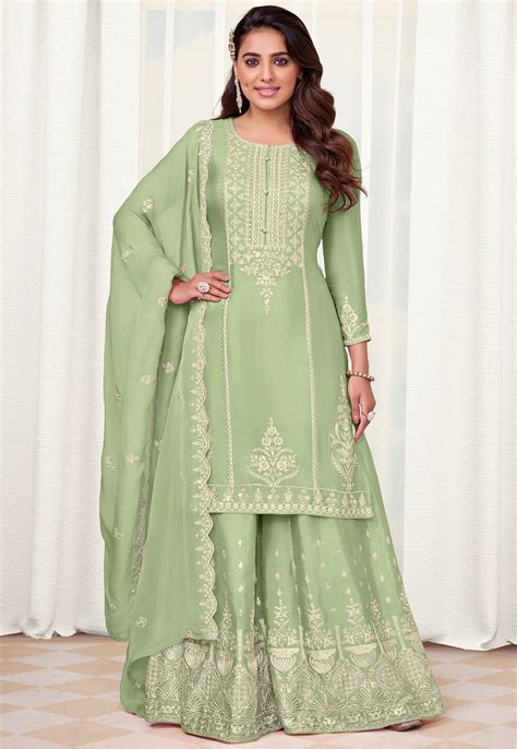 Embroidered Chinon Chiffon Pakistani Suit In Light Green Kch10823