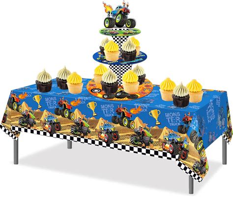 Amazon OXYLIPO Monster Truck Party Supplies Cake Stand Tablecloth