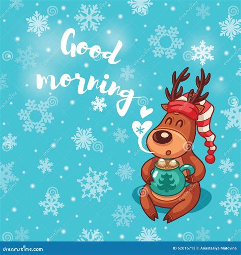 Good Morning Holiday Card With Cute Cartoon Deer In Nightcap Stock