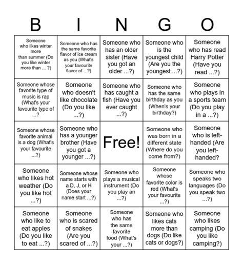 Get To Know Each Other Bingo Card