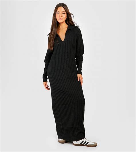 Buy Boohoo Soft Wide Rib Polo Collar Maxi Jumper Dress In Black