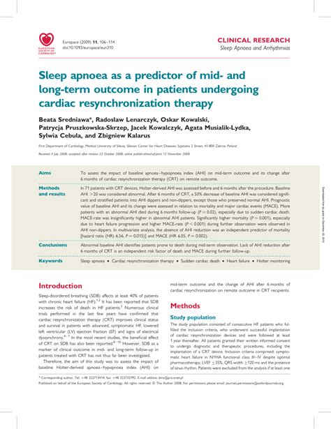 Pdf Sleep Apnoea As A Predictor Of Mid And Long Term Outcome In