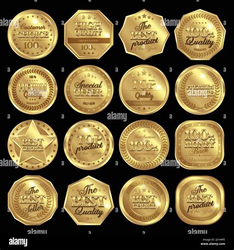 Isolated Realistic Golden Medals Set Of Different Shape And Engraving