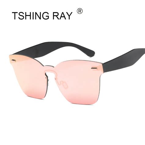 Tshing Ray Fashion Rose Gold Reflective Cat Eye Sunglasses Women Vintage Rimless Designer