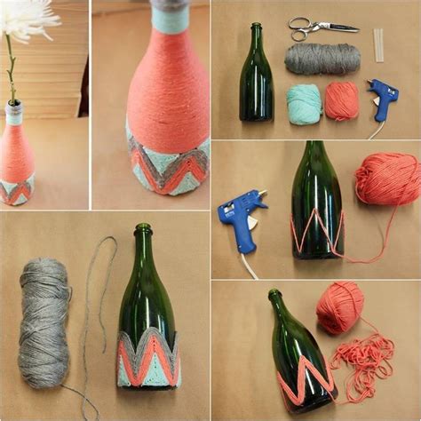 Botella Decorada Lana Florero Handfie Diy