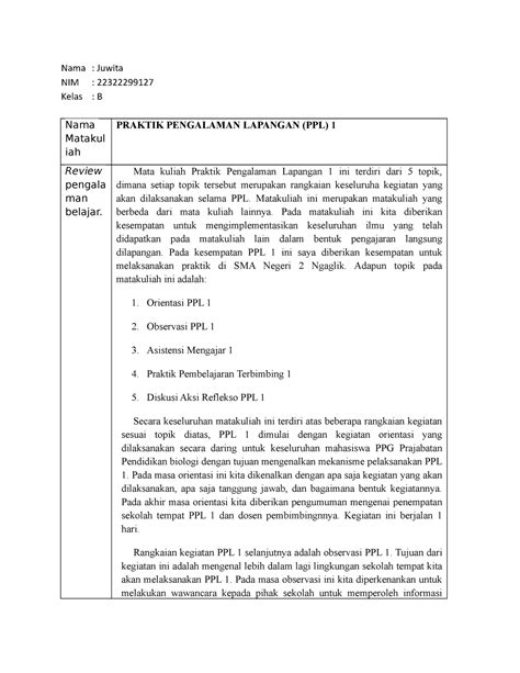 Jurnal Refleksi Juwita Praktik Pengalaman Lapangan Ppl Seminar