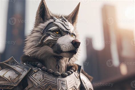 Portrait Of A Wolf In A Helmet And Armor On The Background Of The City