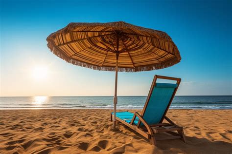 Premium Photo Umbrella And Sun Lounger On The Beach And A Palm Tree