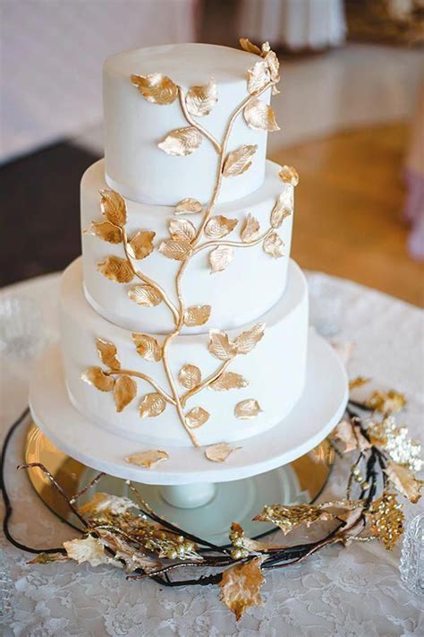 Vintage Wedding Cake with Golden Leaf Decorations