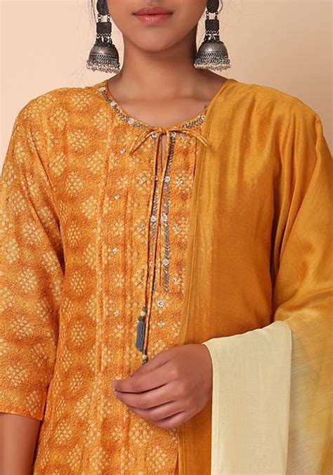 Buy Women Mustard Yellow Bandhani Print Muslin Kurta With Pants And