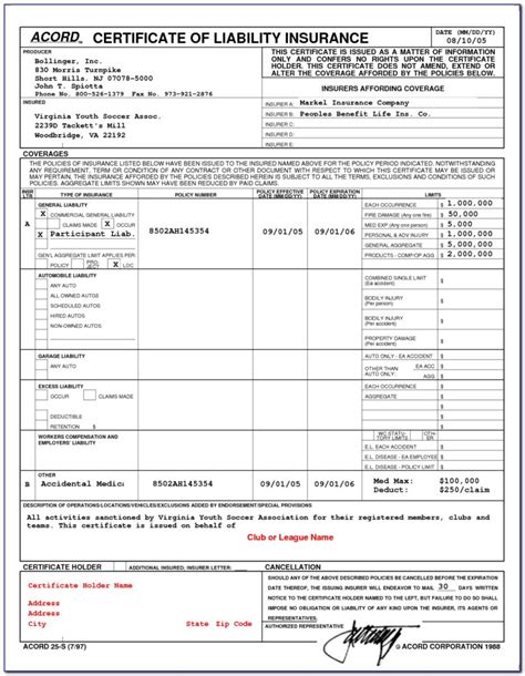 Certificate Of Liability Insurance Form Fillable Form Throughout Acord