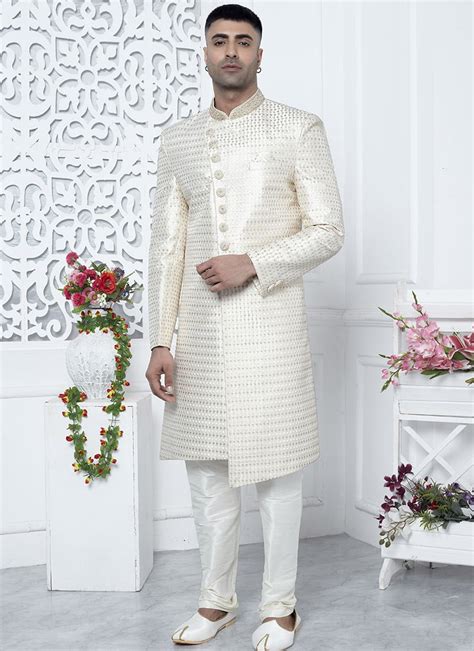 Buy Cream Embroidered Silk Classic Sherwani Party Wear Online At Best