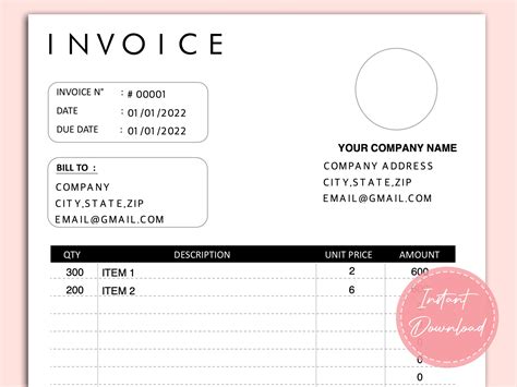 Editable Invoice Template Printable Invoice Template Business Invoice Custom Invoice Invoice