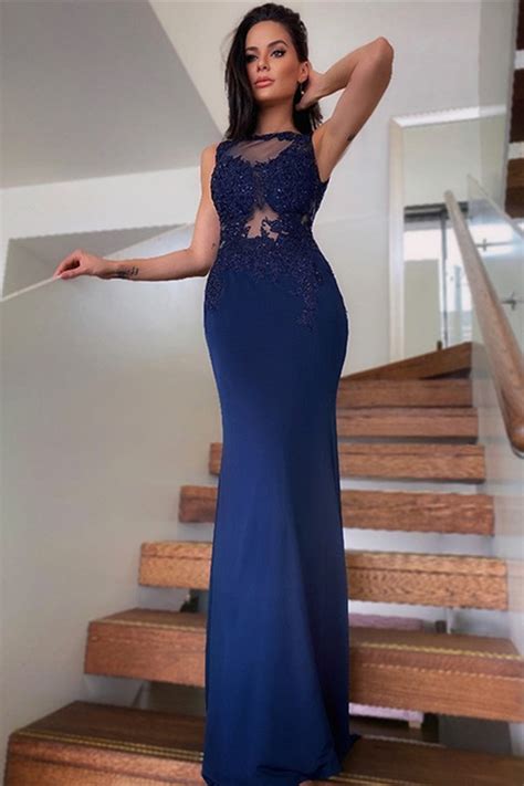 Oknass Charming Navy Blue Lace Sleeveless Long Mermaid Prom Dress With