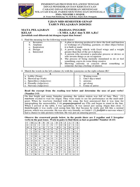 Ujian Mid Semester Genap Tahun Pelajaran 2020 2021 Mata Pelajaran Bahasa Inggris Kelas X Mia A