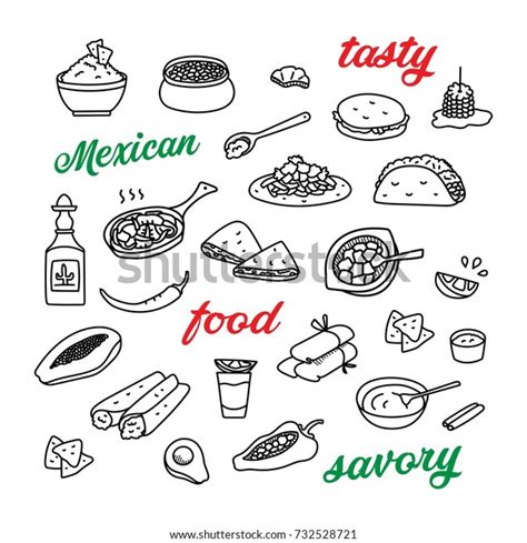 Mexican Cuisine Traditional Food Hand Drawn Doodle Icons Set With