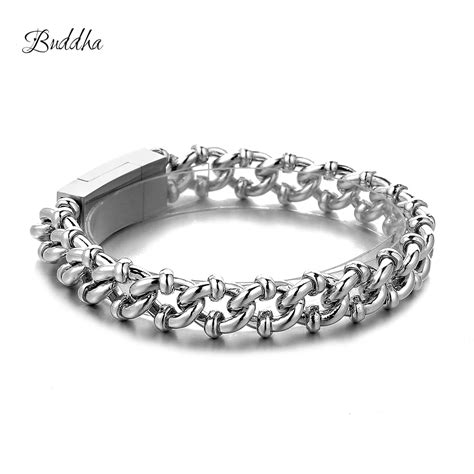 Buddha Bracelet Curb Cuban Chain Silver Color Bracelets For Men Women