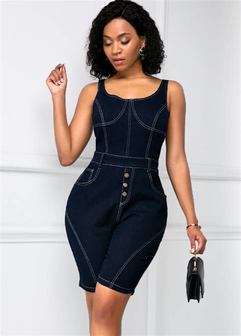 ROTITA Denim Blue Wide Strap Sleeveless Tank Romper Tank Romper Romper