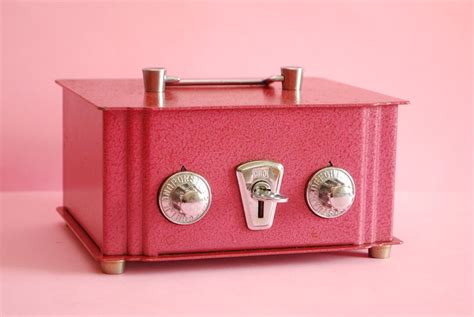 Vintage Pinkish Red Cash Box Antique Metal Safe Retro Vintage Metal