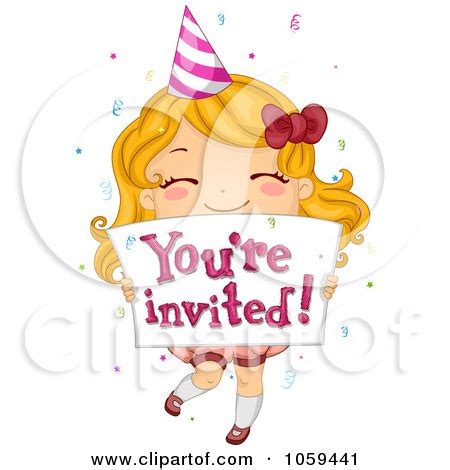 Royalty-Free Vector Clip Art Illustration of a Cute Birthday Girl Holding A You're Invited Sign ...