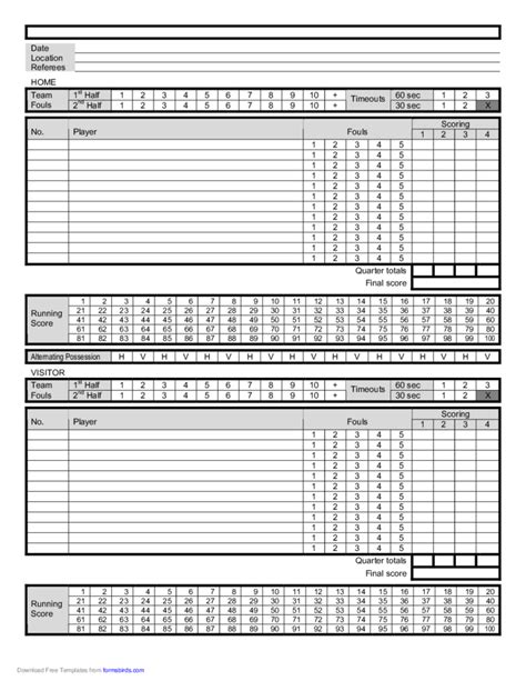 Standard Basketball Score Sheet Free Download