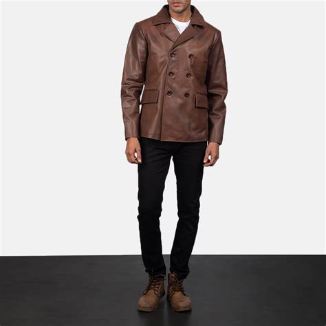 Mens Mr Bailey Brown Leather Naval Peacoat