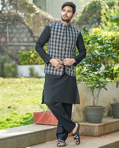 Black Kurta And Pyjama With Checkered Nehru Jacket Set Of Three By