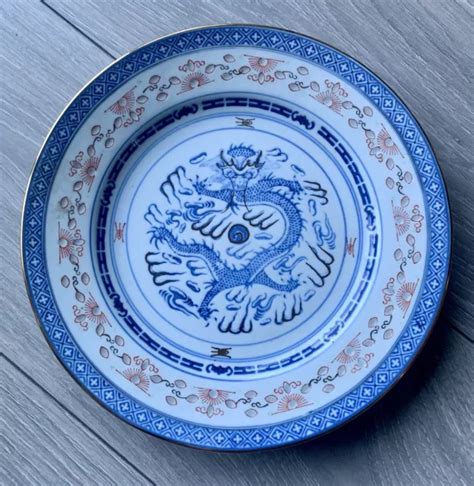 Grande Assiette Chinoise Ancienne Plat D Cor Dragon Porcelaine Chine