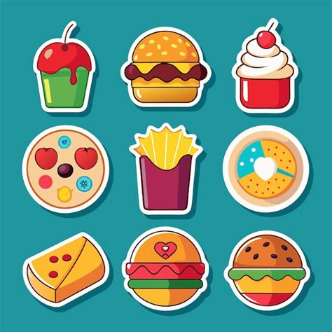 Set Of Cartoon Fast Food Stickers Pizza Burgers French Fries Donuts