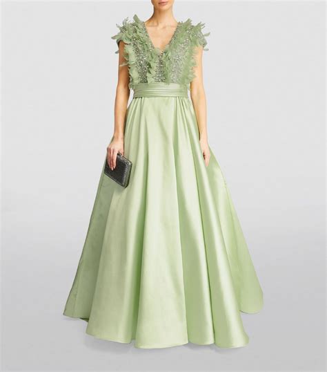 Womens Pamella Roland Green Embellished Bodice Feather Trim Gown